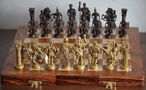Antique Folding Wooden Handmade Roman Brass Chess Board Set Game 14" x 14"