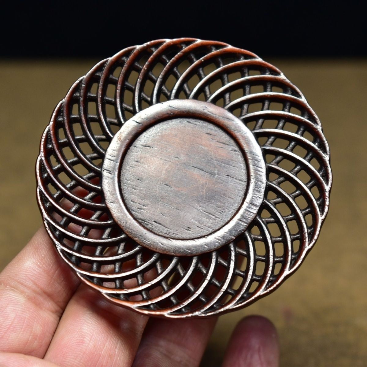 Chinese Retro Blood Sandalwood Coaster 7.5cm Hollow Carved Teacup Mat 14g