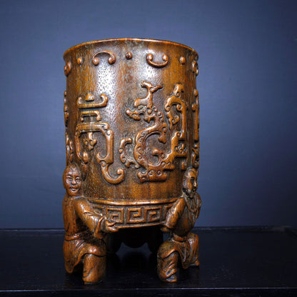 Antique Chinese Rosewood Carved Exquisite Buddha Statue Dragon Statue Brush Pot