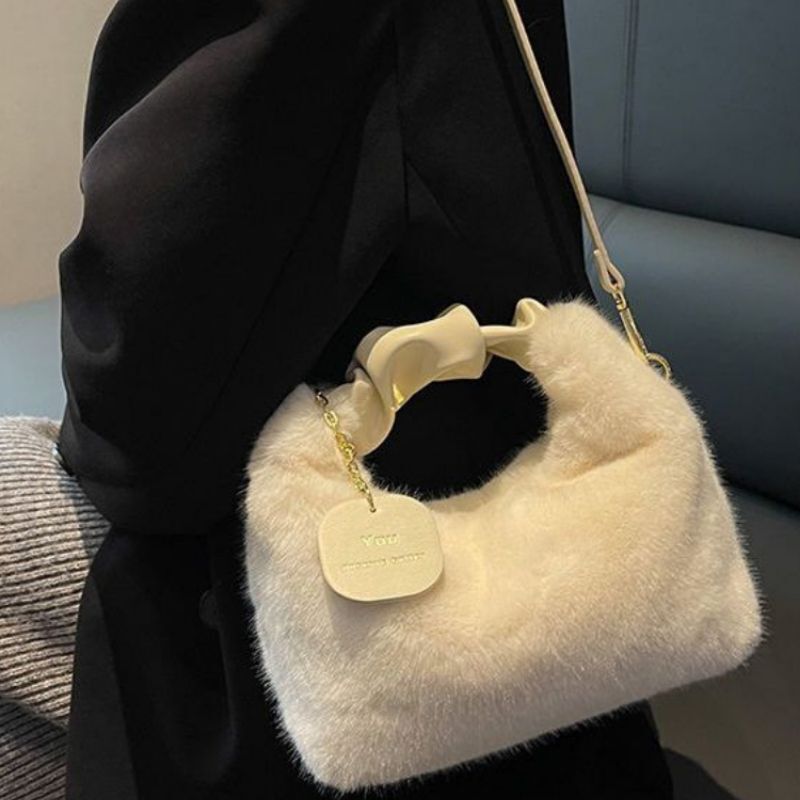 Faux Fur Handbag Zipper Small Shoulder Crossbody Bag Casual Tote Half-Moon Hobos