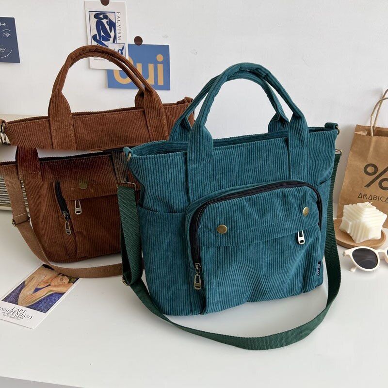 Women Corduroy Shoulder Handbag Canvas Bags Zipper Simple Crossbody Bag
