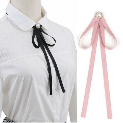 Women Pre-Tied Collar Bowknot Pearl Ribbon Brooches Pin Bow Tie Vintage Neckties