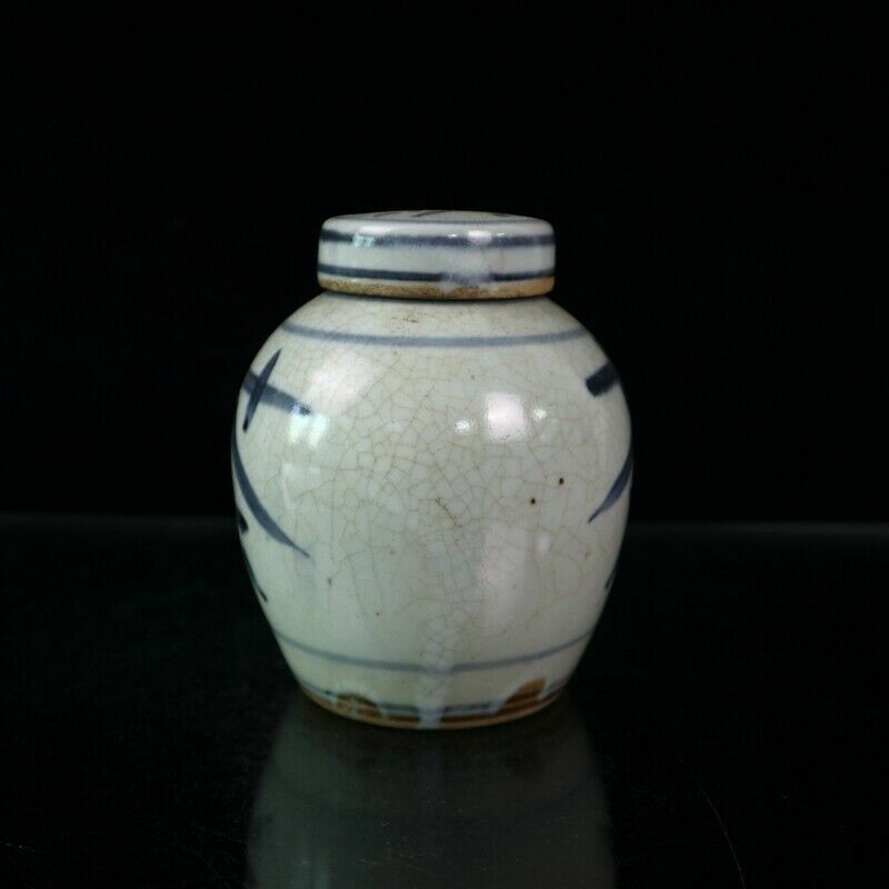 Chinese Old Porcelain Cracked Glaze Open Blue and White Tea Pattern Lid Jar