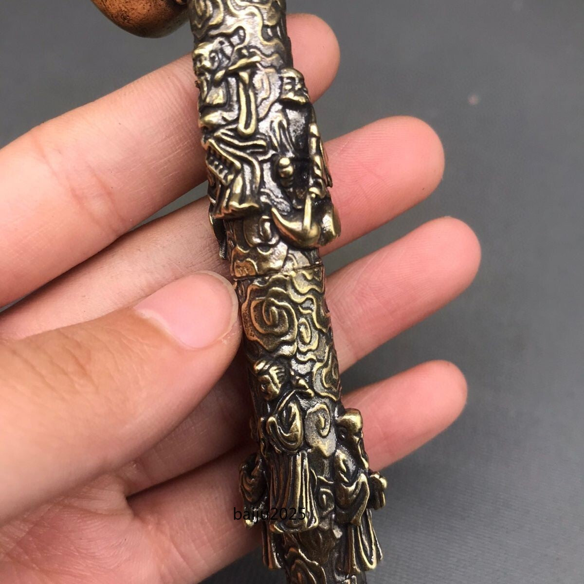 chinese antique old copper hand carved Eight immortals statue pipe smoking tool