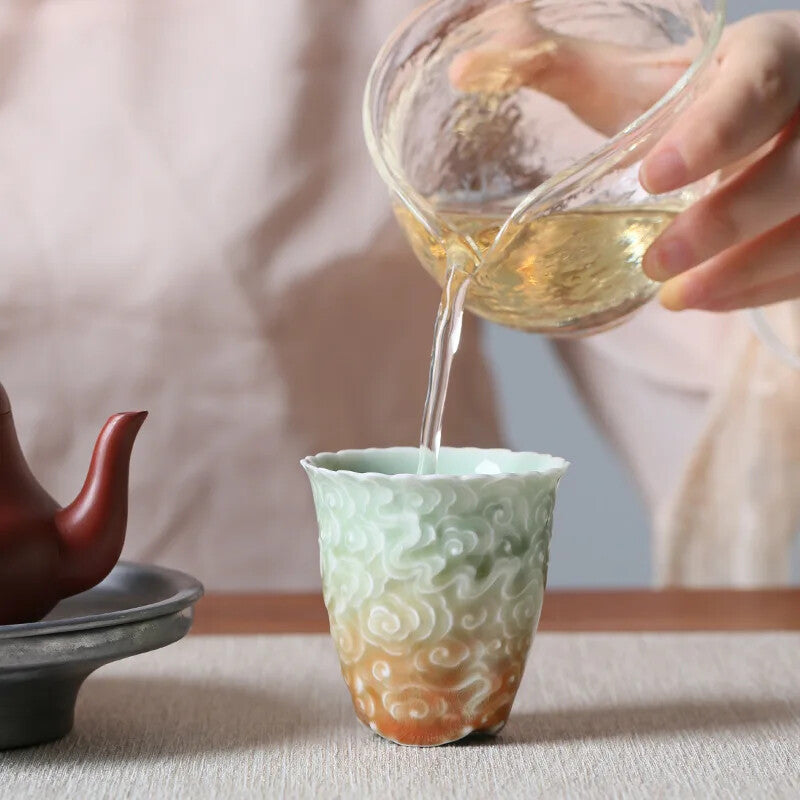 Yue Kiln Celadon Relief Gradient Color Tea Cup Carved Tea Bowl Chinese Ceramic