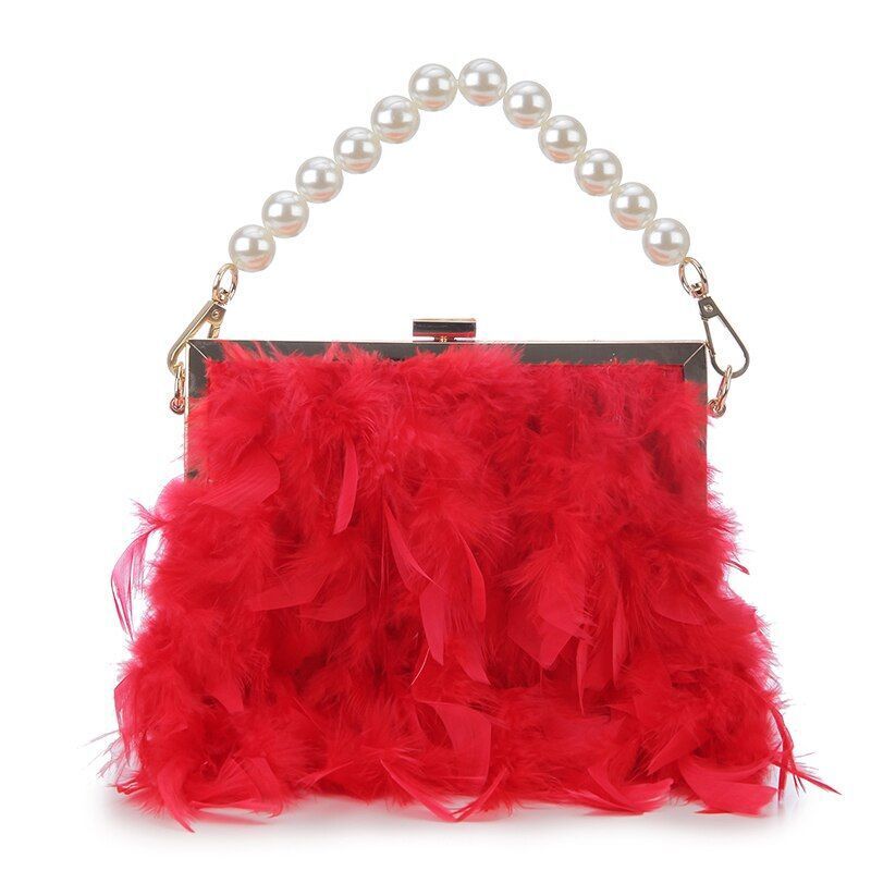 Luxury Real Feather Purse Handbag Clutch Shoulder Bags Pearl Chain 20*5*18 CM