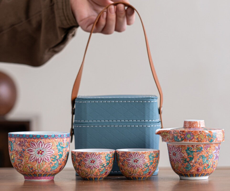 Jingdezhen Porcelain Tea Set With Portable Bag Ceramic Tea Pot Matching Tea Cups