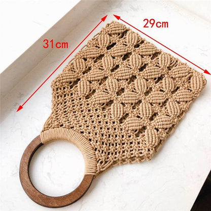 Woven Bag Hollow Beach Purse Wooden Handle Ring Straw Handbag Tote Flap Cotton