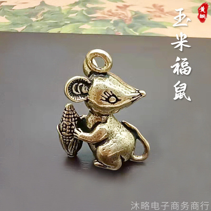 Corn Brass Foo Rat Keychain Small Pendant Zodiac Mini Cute Foo Rat Decoration -