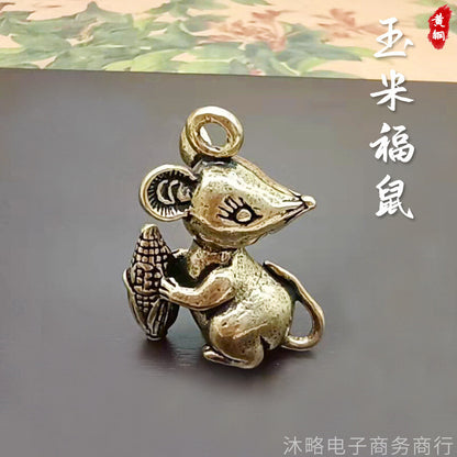 Corn Brass Foo Rat Keychain Small Pendant Zodiac Mini Cute Foo Rat Decoration -
