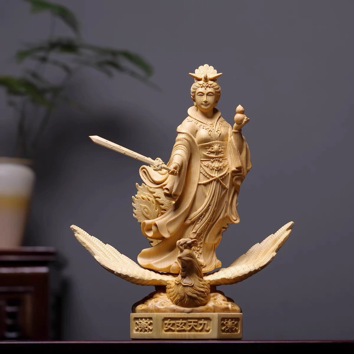 12" Boxwood Carved Mysterious Maiden Nine Heaven Statue Taoism Deity Collection