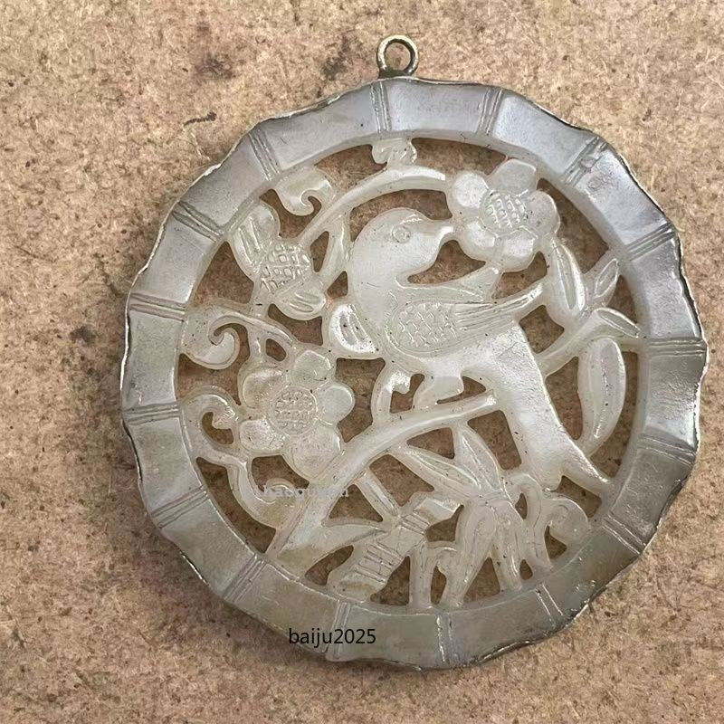 Chinese antique high-end jade carving with copper border necklace pendant