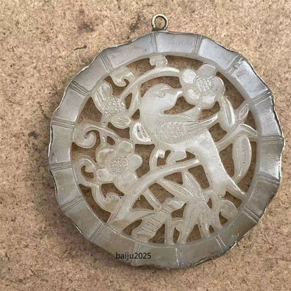 Chinese antique high-end jade carving with copper border necklace pendant