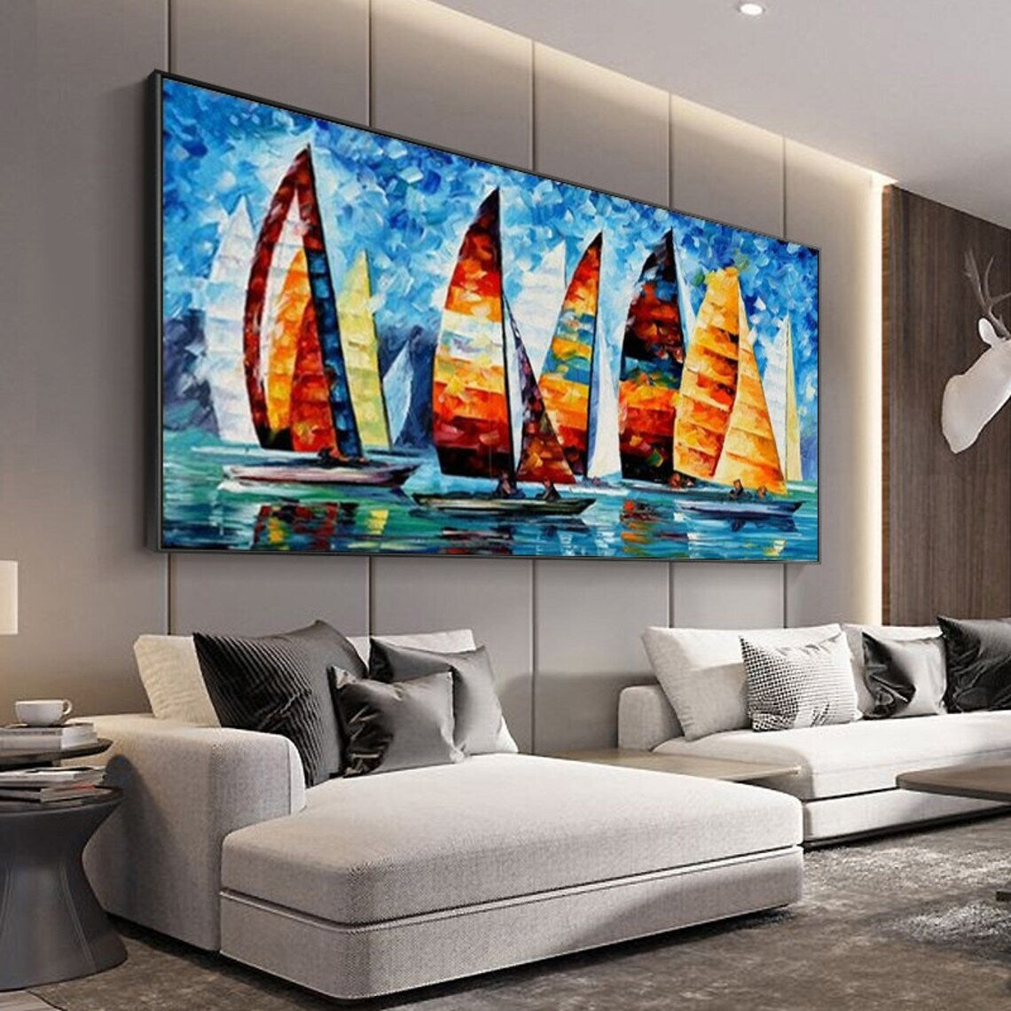 Large Sailboat Oil Painting Handmade Canvas Colorful Harbor Painting Nautical