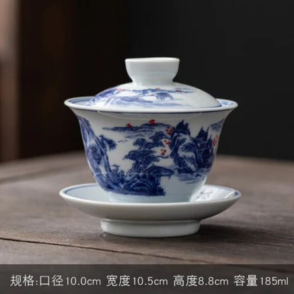 Jingdezhen-Hand Drawn Tea Bowl with Cover, Ceramic Tea Set, White Porcelain