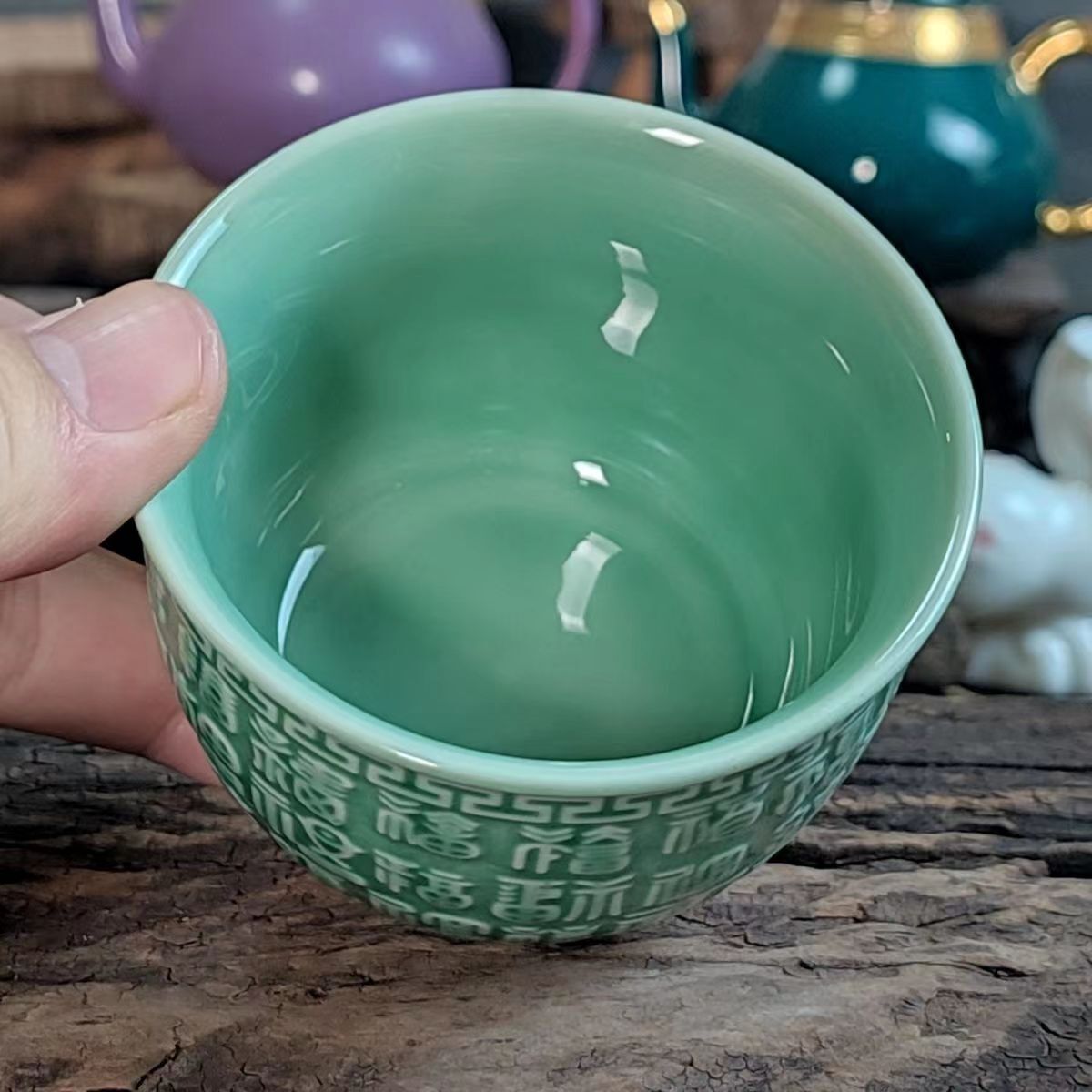 125ML！！！Chinese antique celadon hundred blessings master cup tea cup