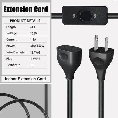 Black Extension Cord with Switch On/Off, 2 Prong Grounded Plug, 6FT Indoor Power