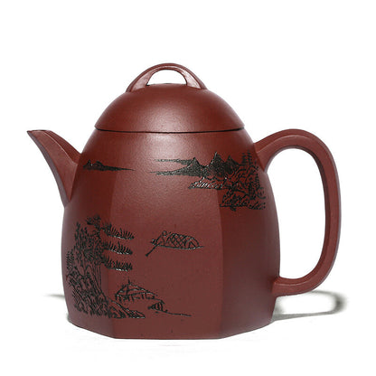 China Yixing Zisha Pottery Purple Clay Handmade 280cc Six Sides Landscape Teapot