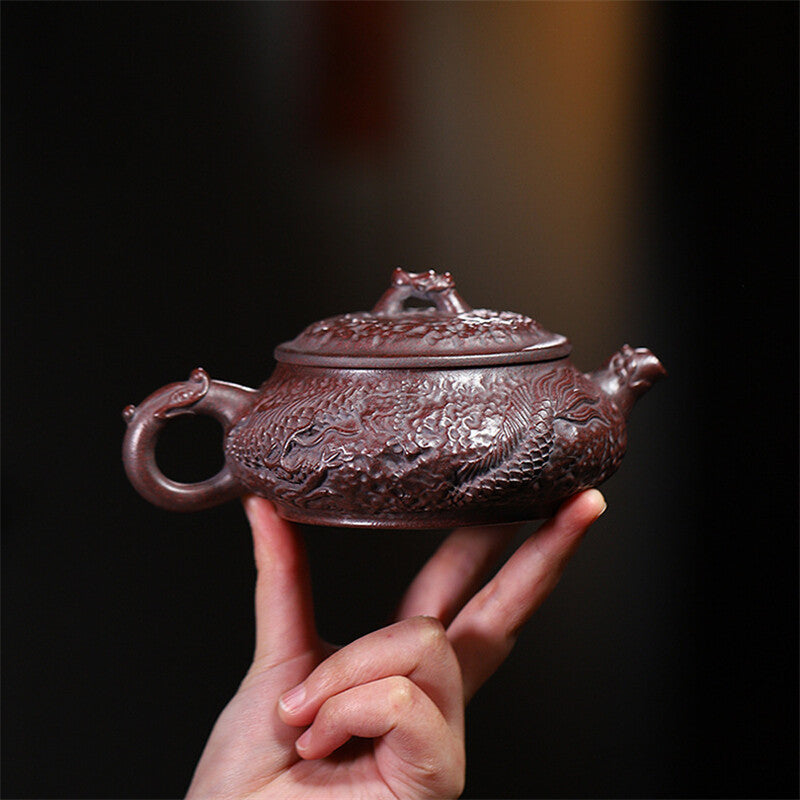 Handmade Tea Pot Dragon Carved Real Yixing Zisha Purple Clay Pot 7 Infuser Holes