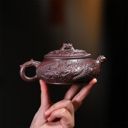 Handmade Tea Pot Dragon Carved Real Yixing Zisha Purple Clay Pot 7 Infuser Holes