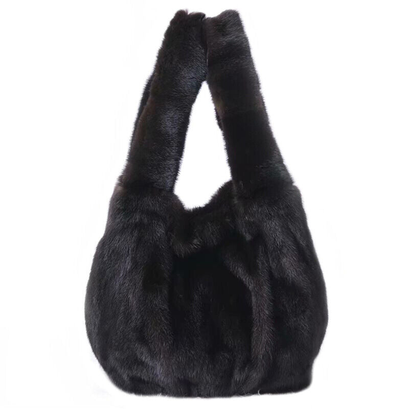 Womens Real Fur Handbag Full-pelt Mink Fur Tote Bag Genuine Sheep Leather Bottom