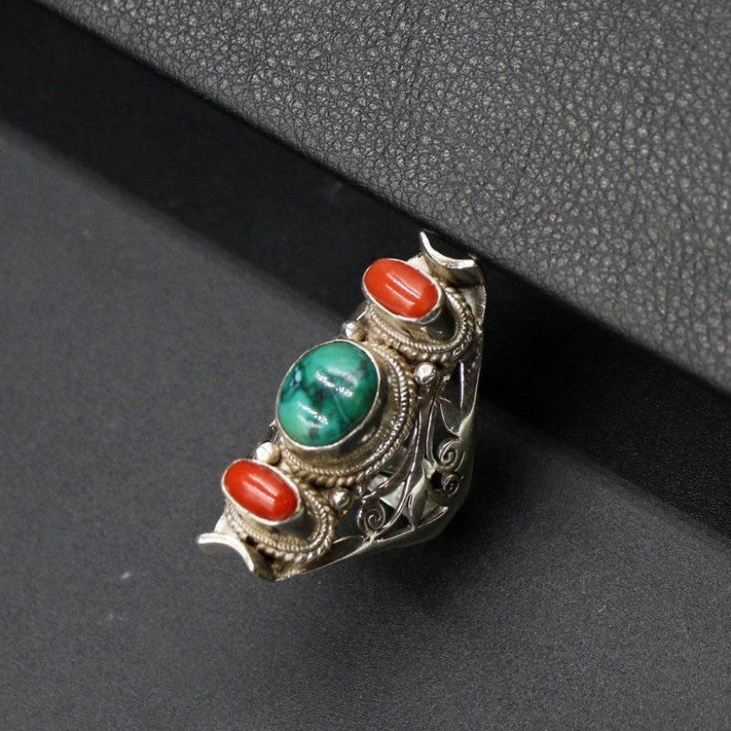 Nepal Handmade Turquoise Ring Open Saddle Band Retro Ethnic Unisex Jewelry
