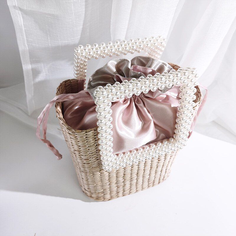 Pearl Straw Bag Fashionable Shoulder Bag Seaside Vacation Handbag Polyester 1 PC
