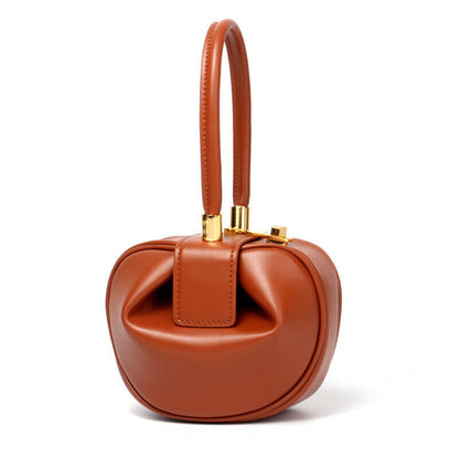 Real Leather Wonton Round Pouch Clutch Purse Top Handle Tote Handbag Grab Bag