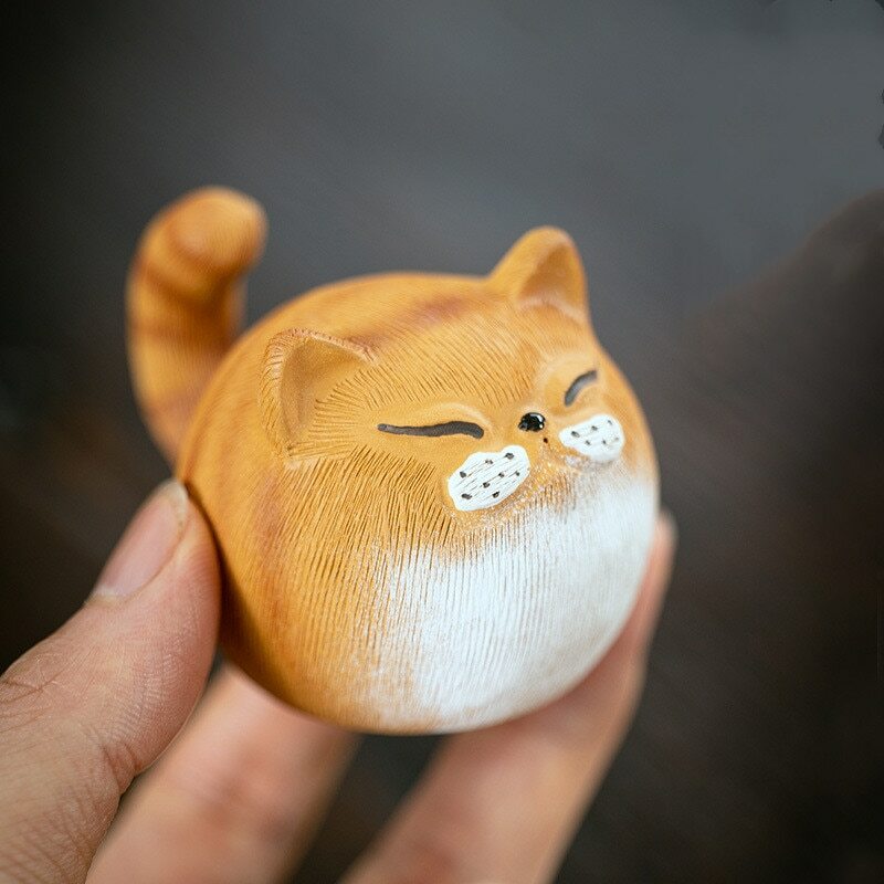 Chinese Sculpture Purple Clay Tea Pet Small Cat Statue Handmade Tea Set Decor