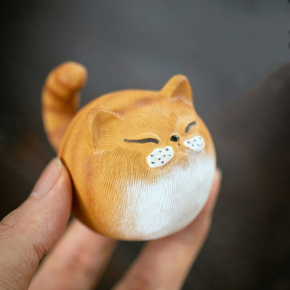 Chinese Sculpture Purple Clay Tea Pet Small Cat Statue Handmade Tea Set Decor