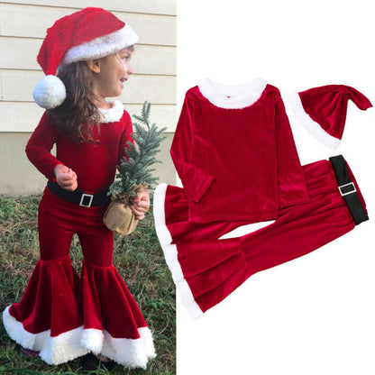 4pcs Baby Kids Girls Christmas Cosplay Pullover Tops Pants Hat Belt Set Outfits
