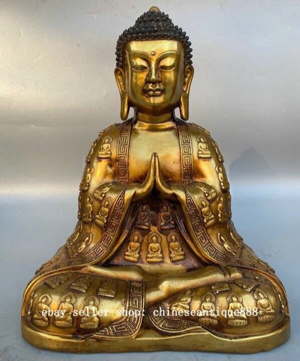 11" Qianlong Year Marked Copper Gilt Shakyamuni Sakyamuni Amitabha Buddha Statue