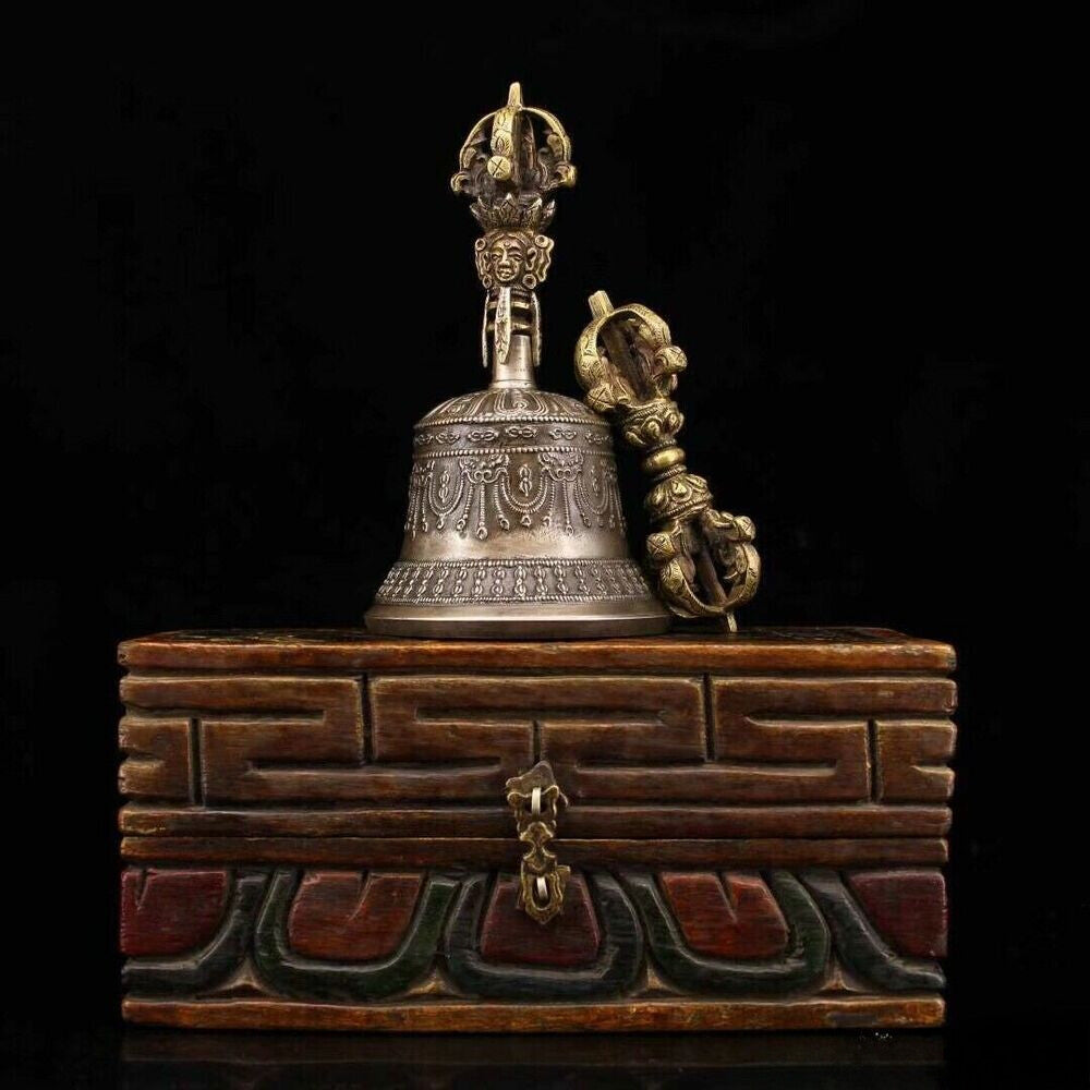 Chinese Temple Collection Old Copper Handmade Build Bell Vajra + Box