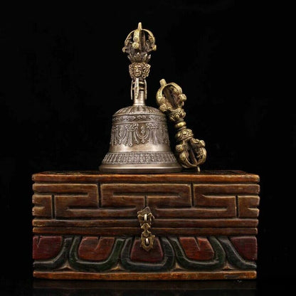 Chinese Temple Collection Old Copper Handmade Build Bell Vajra + Box