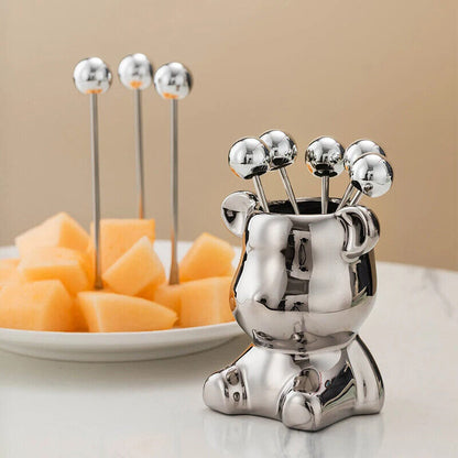 Dessert Forks 6Pcs Stainless Steel Fruit Pick W/ Storage Jar Bear Party Utensils