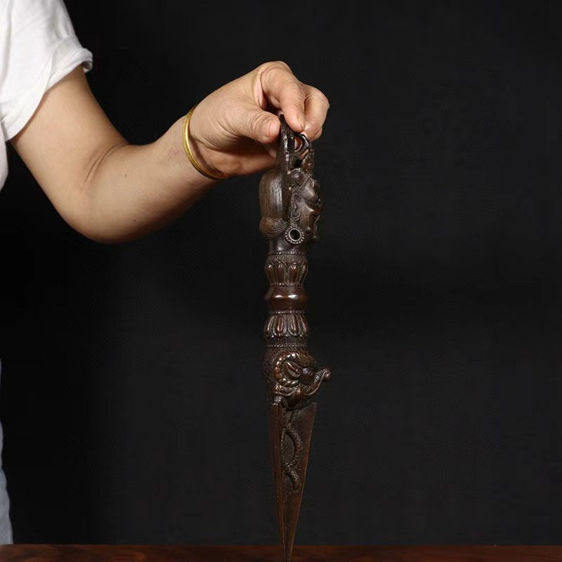 12" Tibetan bronze Gilt Horse head Mahakala Buddha Vajra Phurpa Dagger equipment
