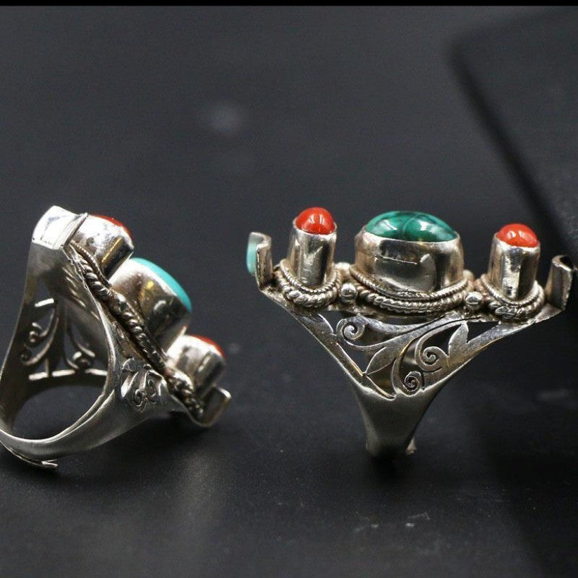Nepal Handmade Turquoise Ring Open Saddle Band Retro Ethnic Unisex Jewelry