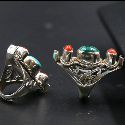 Nepal Handmade Turquoise Ring Open Saddle Band Retro Ethnic Unisex Jewelry