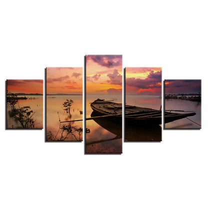 Sunset Seascape Sea Beach Boat Canvas Prints Painting Wall Art Home Decor 5PCS