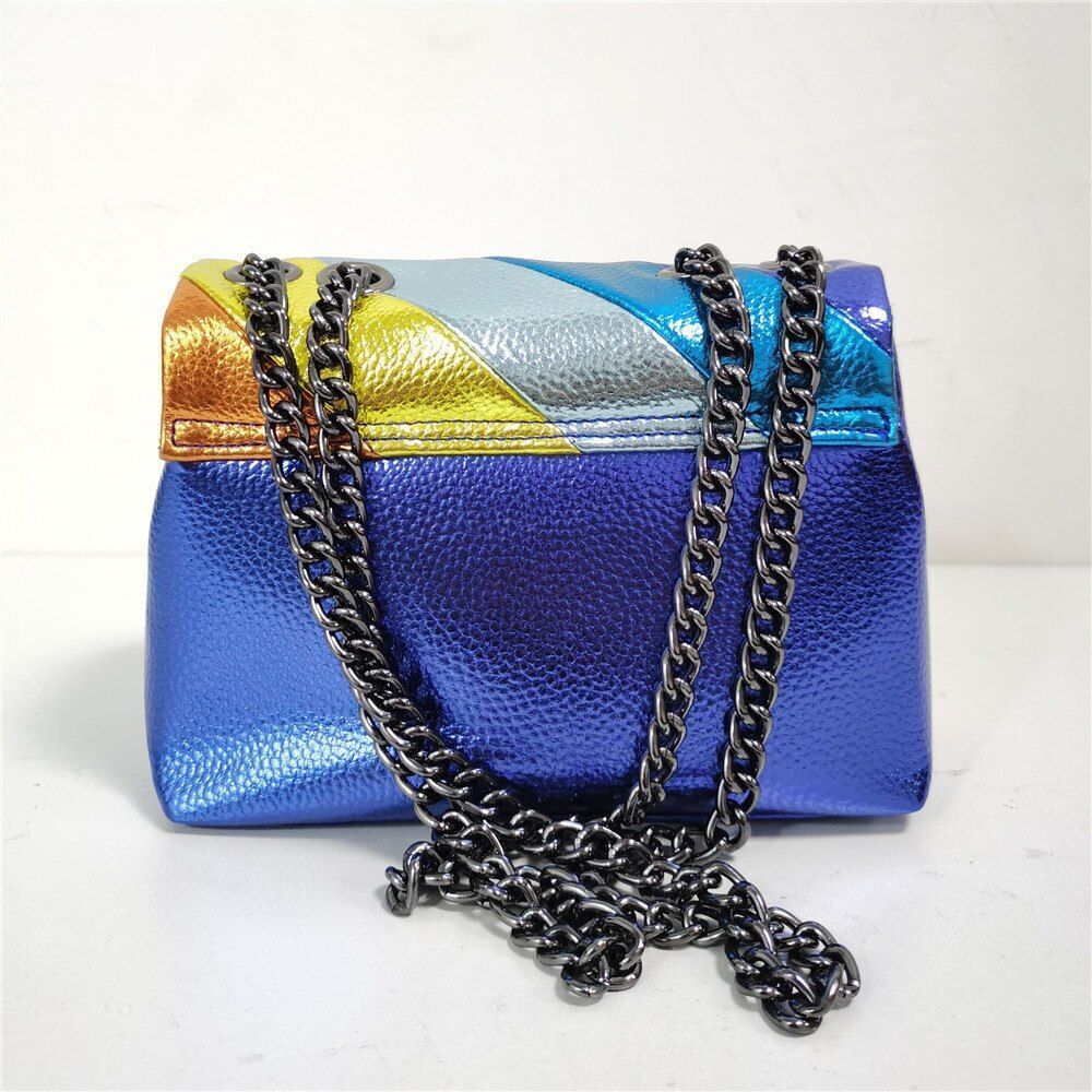 Stitching Rainbow Patchwork Handbag Synthetic Leather Metallic Square 19*7*13 CM
