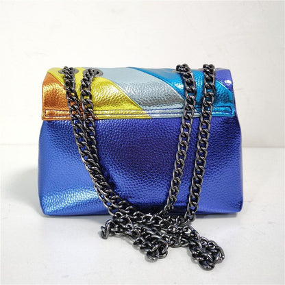 Stitching Rainbow Patchwork Handbag Synthetic Leather Metallic Square 19*7*13 CM