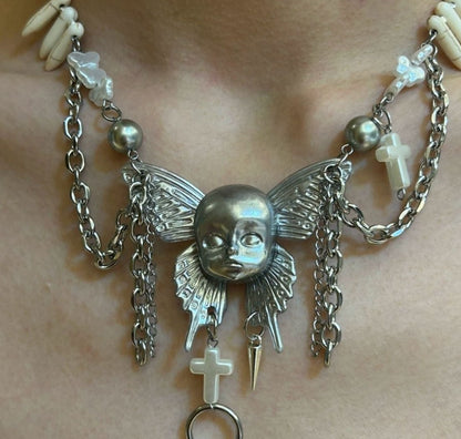 Heavy Duty Cyberpunk Silver Butterfly Doll Head Multi-Layer Necklace