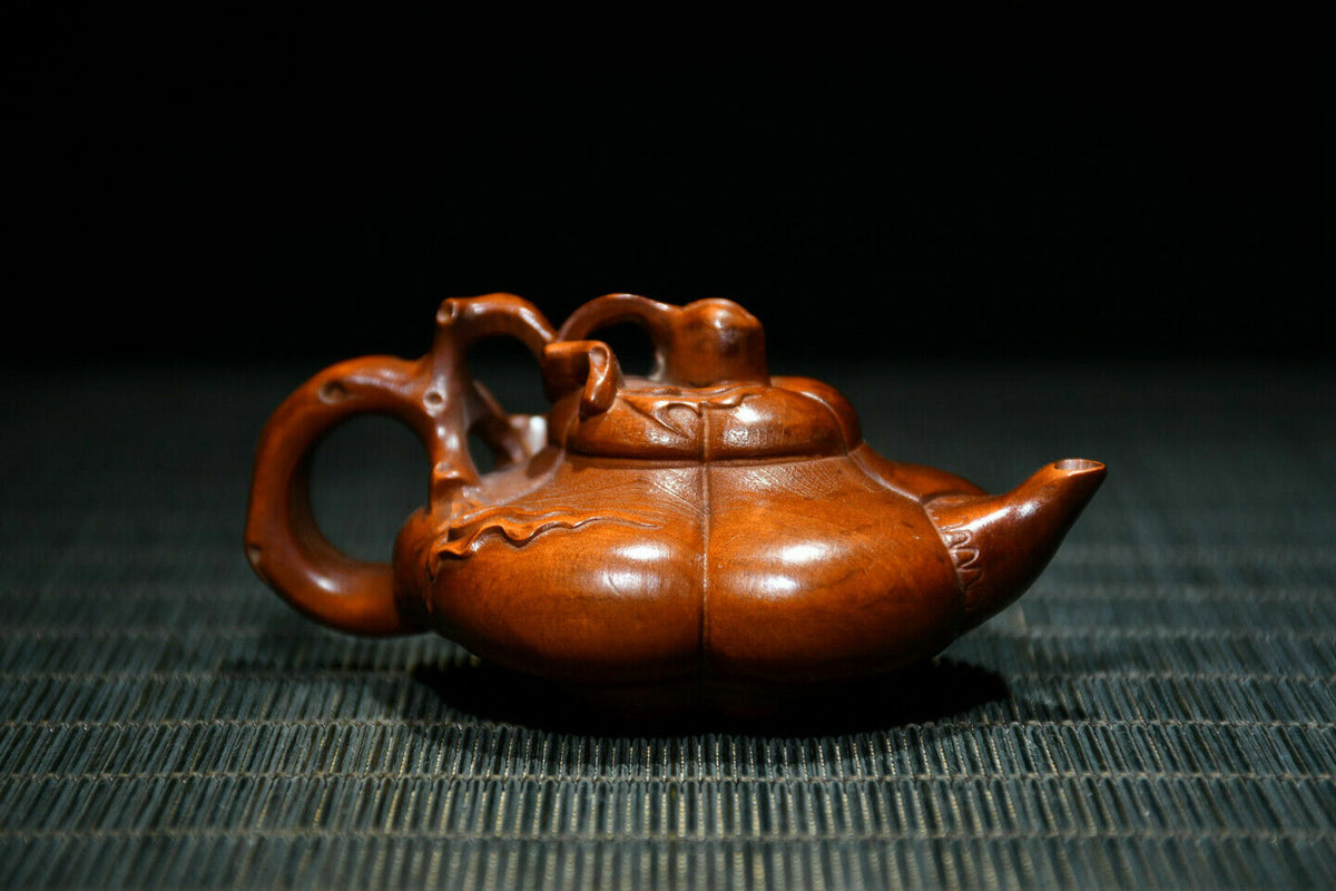 Chinese Boxwood Carving Teapot Statue Home Decorative Collection Art Gifts