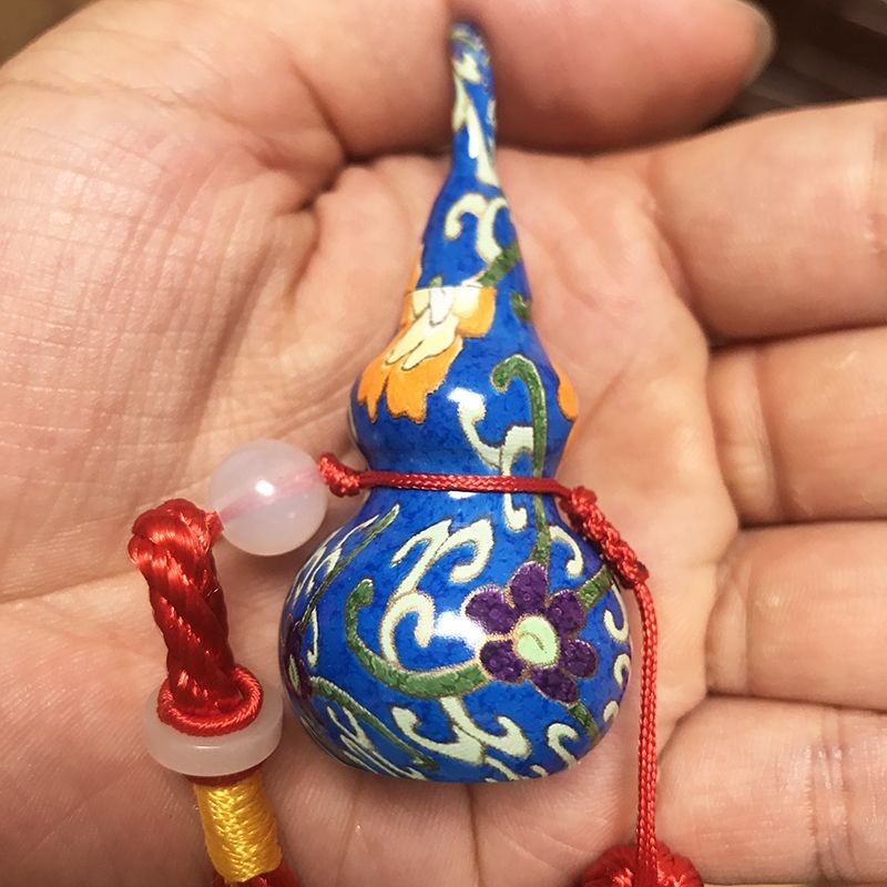 Cloisonne Brass Gourd Pendant 6.5x3cm Feng Shui Lucky Car Hanging Ornament
