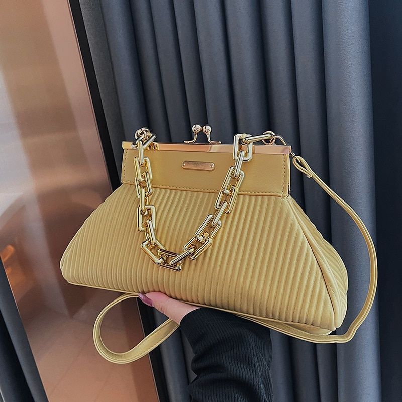 Synthetic Leather Pleated Shoulder Bag Thick Chain Handle Purse 18*31*11 CM Blue