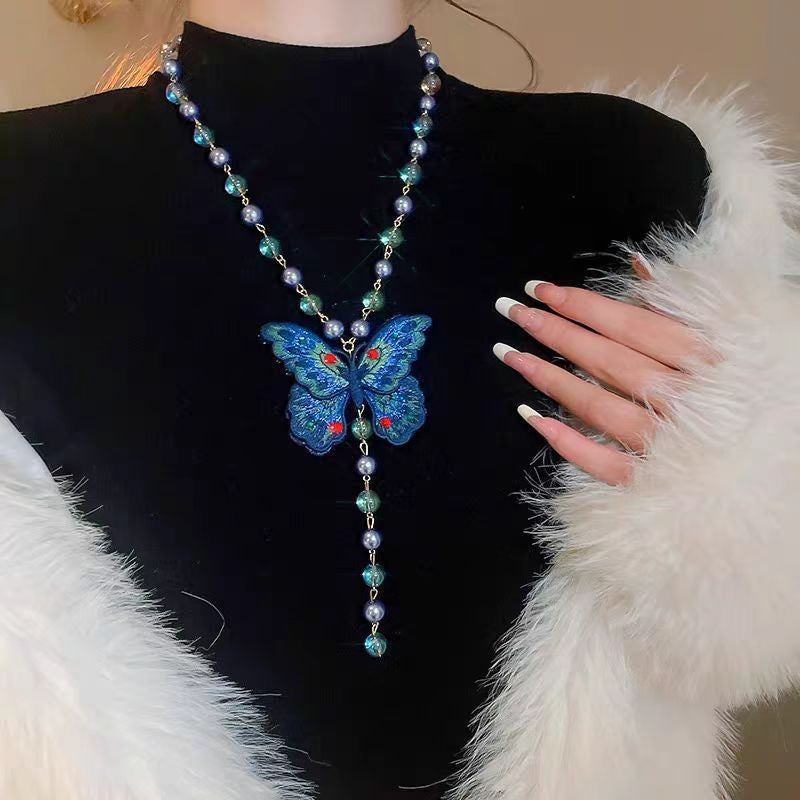 New Chinese Embroidered Butterfly Sweater Necklace Blue Beaded Vintage