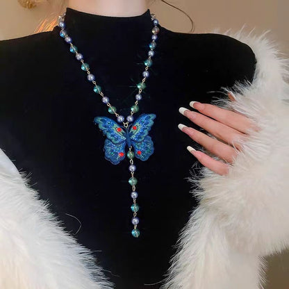 New Chinese Embroidered Butterfly Sweater Necklace Blue Beaded Vintage