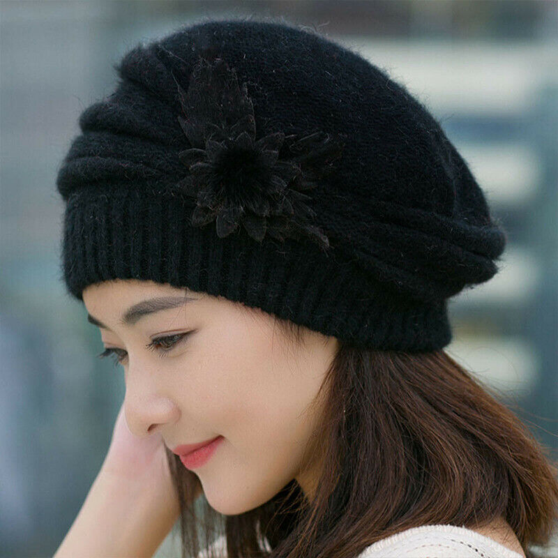 Women Winter Warm Baggy Beanie Beret Knit Flower Crochet Hat Casual Cap Gifts