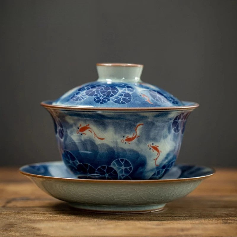 210ml Chinese Ceramic Gaiwan Handmade Lotus Koi Fish Tea Tureen Tea Bowl Teaware