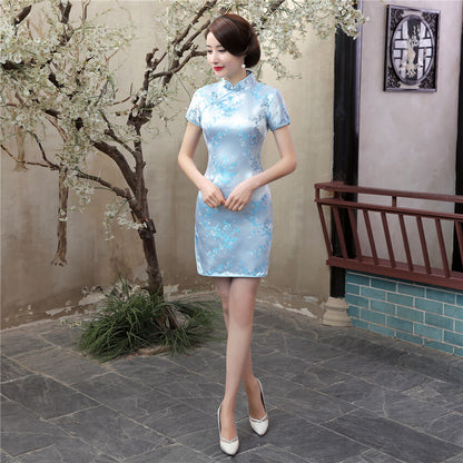 Women Sexy Evening Dress Summer Silk Satin Cheongsam Chinese Traditional Qipao